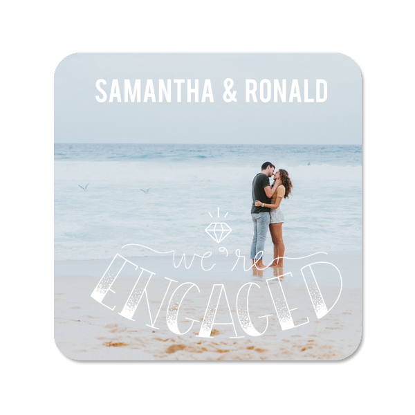 Engaged Photo/Full Color Coaster | Our custom Photo/Full Color Coaster with Matte White Ink Digital Print Colors has an Engaged graphic and is good for use in Destination, and Engagement parties and will give your party the personalized touch every host desires.