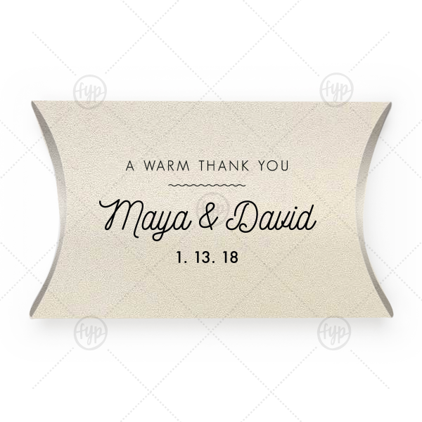 Martha Stewart Thank You Box | Our personalized Stardream Ivory Pillow Box with Matte Black Foil has a Warm Thanks graphic and is good for use in Wedding, Words, Anniversary themed parties and will make your guests swoon. Personalize your party's theme today.