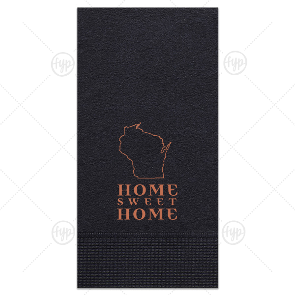 Home Sweet Home State Napkin | ForYourParty's chic Black Guest Towel with Satin Copper Penny Foil has a Wisconsin graphic and is good for use in States themed parties and will add that special attention to detail that cannot be overlooked.