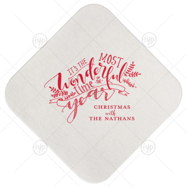 Most Wonderful Time Coaster | ForYourParty's elegant Eggshell Square Coaster with Satin Lipstick Red Foil has a The Most Wonderful Time graphic and is good for use in Christmas and Holiday themed parties and can be customized to complement every last detail of your party.