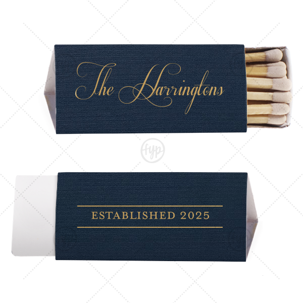 Established Year Match | ForYourParty's personalized Linen Navy Blue Triangle Matchbox with Satin 18 Kt. Gold Foil couldn't be more perfect. It's time to show off your impeccable taste.