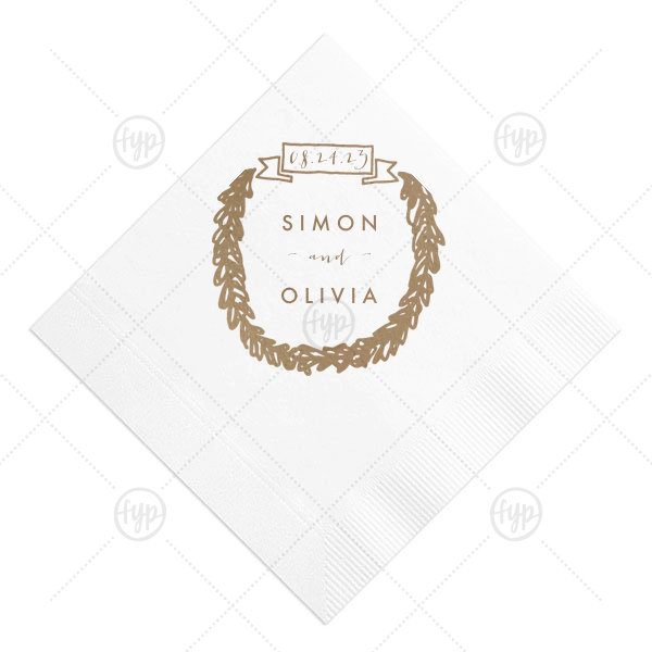 Banner Wreath Napkin | Personalize our Banner Wreath graphic on this trendy Honeydew napkin with the bride and groom's names for an earthy engagement party, rehearsal dinner or wedding reception bar addition.