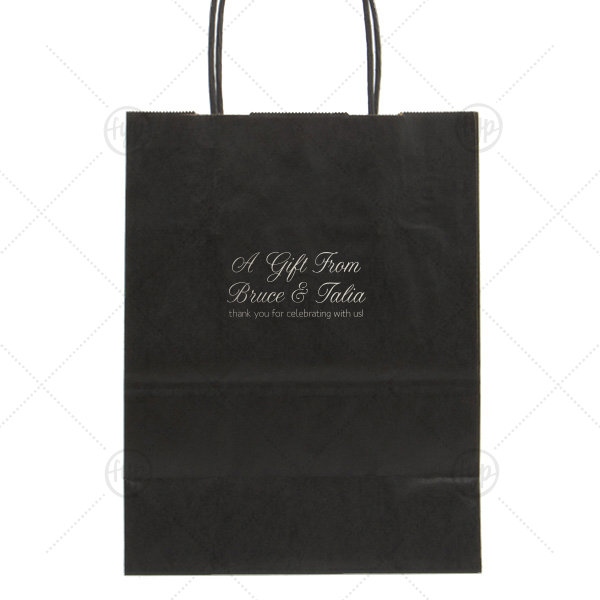 The Adventure Continues Bag | Custom Black Gift Bag with Satin Sterling Silver Foil Color will give your party the personalized touch every host desires.