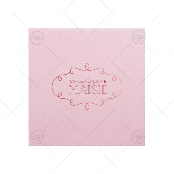 Vintage Heart Welcome Baby Napkin | ForYourParty's chic Pastel Pink Cocktail Napkin with Shiny Rose Quartz Foil Color has a Vintage Frame 2 graphic and is good for use in Frames themed parties and will impress guests like no other. Make this party unforgettable.
