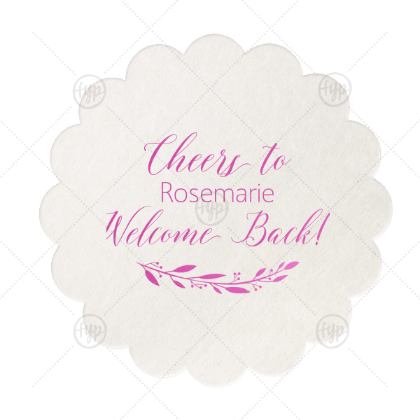 Welcome Home Coaster | Personalized Eggshell Scallop Coaster with Satin Fuchsia Foil Color has a Branch 4 graphic and is good for use in Floral themed parties and can be customized to complement every last detail of your party.