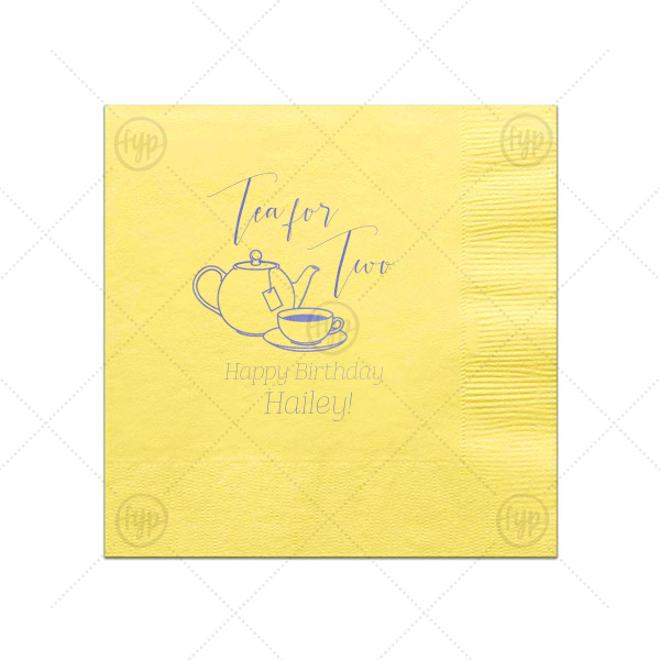 Tea for Two Napkin | Make her birthday special with customized napkins! Choose your theme colors and add the birthday girl's name and age for a personal touch. Our Tea Pot clip art and script font will be the perfect complement to your tea party theme.