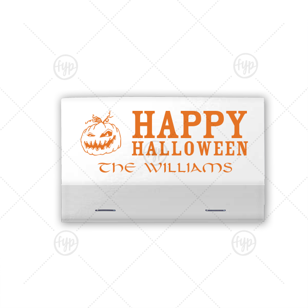 Halloween Jack-O-Lantern Match | Our custom Shiny White 40 Strike Match with Matte Tangerine Foil Color has a Scary Pumpkin graphic and is good for use in Halloween themed parties and can't be beat. Showcase your style in every detail of your party's theme!