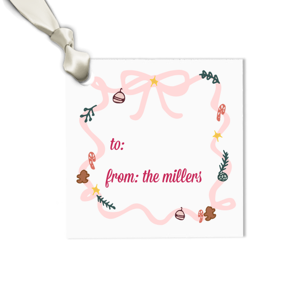 Holiday Bow Label Square Gift Tag (Photo)