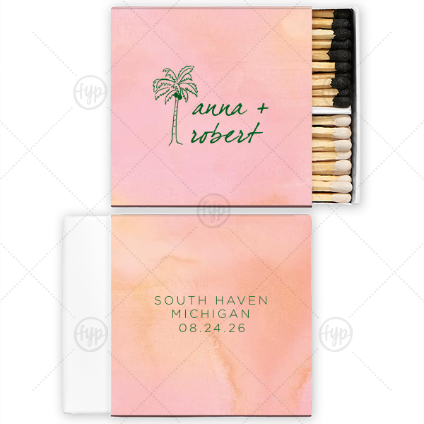 Palm Tree Tropical Love Wedding Match Two-Chamber Matchbox (Foil)