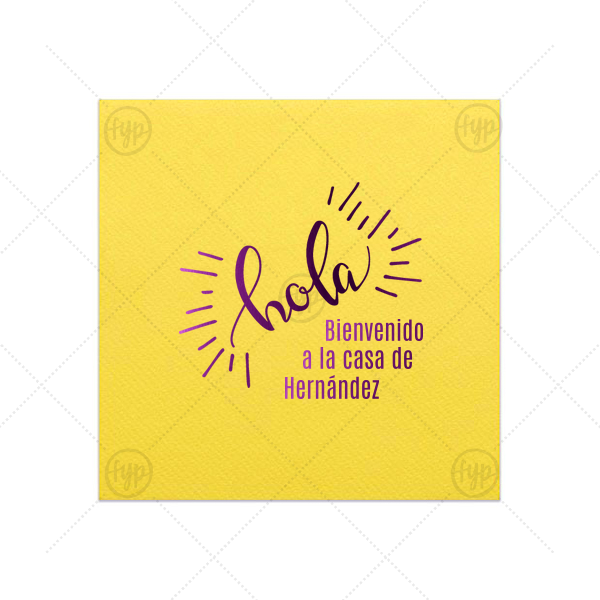 Bienvenido Napkin | Our personalized Lemon Cocktail Napkin with Shiny Amethyst Foil Color has a Hola graphic and is good for use in Words themed parties and will add that special attention to detail that cannot be overlooked.