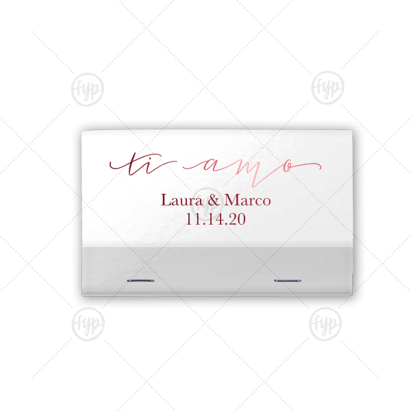 Our custom Shiny White 40 Strike Match with Shiny Merlot Foil Color has a Ti Amo graphic and is good for use in Words themed parties and will look fabulous with your unique touch. Your guests will agree!