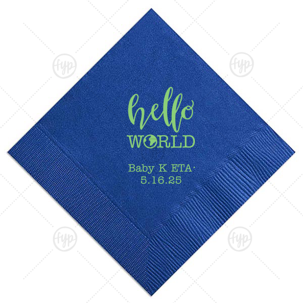 Hello World Baby Napkin | ForYourParty's personalized Royal Blue Cocktail Napkin with Matte Key Lime Foil Color has a Hello World graphic and is good for use in Words themed parties and will make your guests swoon. Personalize your party's theme today.