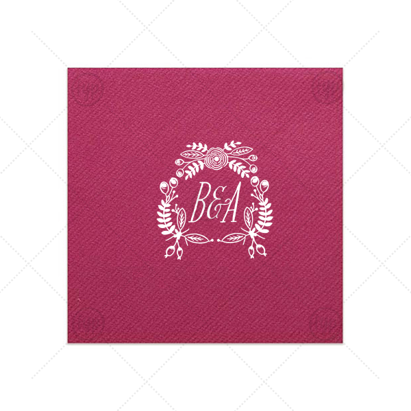 Rustic Floral Napkin | Our custom Eggplant Cocktail Napkin with Shiny Copper Foil Color has a Rustic Floral Frame graphic and is good for use in Frames themed parties and will give your party the personalized touch every host desires.
