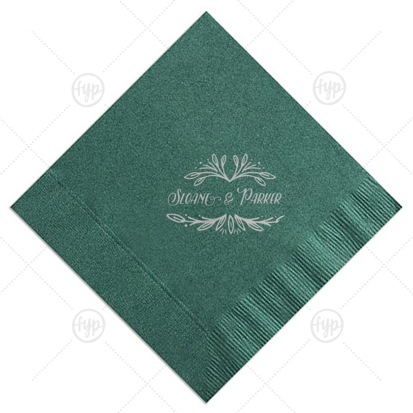 Rustic Leaf Napkin | ForYourParty's elegant Spruce Cocktail Napkin with Satin Sterling Silver Foil Color has a Rustic Leaf Frame graphic and is good for use in Frames themed parties and will look fabulous with your unique touch. Your guests will agree!