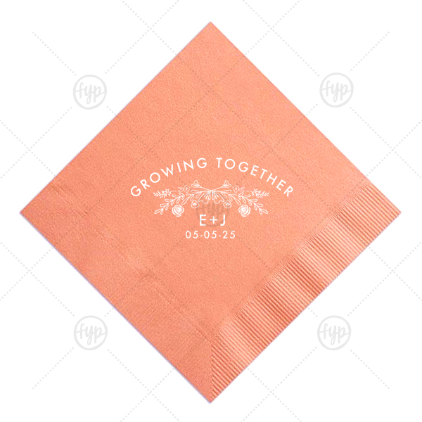 Growing Together Floral Wedding Napkin | Our custom Pastel Yellow Cocktail Napkin with Matte White Foil has a Rose Laurel graphic and is good for use in Wedding, Floral themed parties and will give your party the personalized touch every host desires.