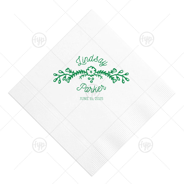 Summer Hearts Floral Napkin | Our beautiful custom Moss Green Linen Like Cocktail Napkin with Matte Navy Foil Color has a Marigold Vine graphic and is good for use in Accents themed parties and couldn't be more perfect. It's time to show off your impeccable taste.