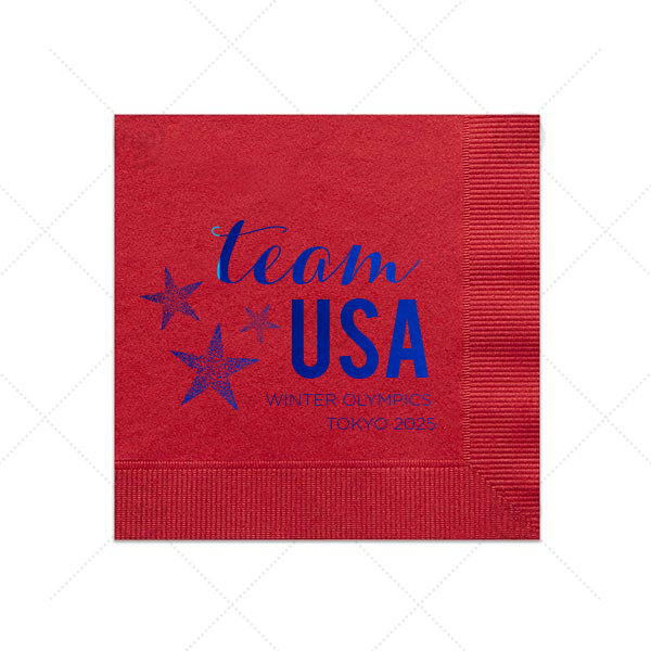 Our custom Convertible Red Cocktail Napkin with Shiny Royal Blue Foil has a Star Trio graphic and is good for use in USA, Olympic, Patriotic themed parties and will give your party the personalized touch every host desires.