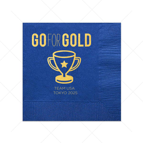 Go For Gold Olympic Napkin | ForYourParty's personalized Royal Blue Cocktail Napkin with Shiny 18 Kt Gold Foil has a Trophy graphic and is good for use in Sports themed parties and are a must-have for your next event—whatever the celebration!