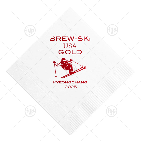 BrewSki Olympic Napkin | ForYourParty's chic White Cocktail Napkin with Shiny Convertible Red Foil has a Mogul Skiing graphic and is good for use in Olympic Sports themed parties and will add that special attention to detail that cannot be overlooked.