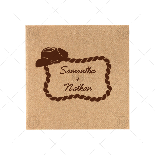 Cowboy Hat and Rope Couple Names Cocktail Napkin (Foil)