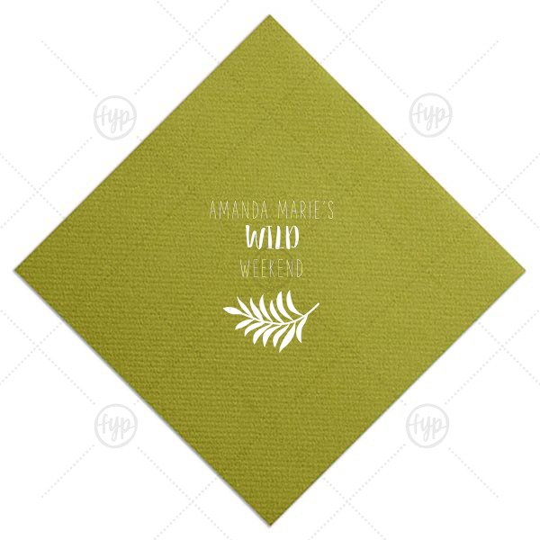 Custom Moss Green Dinner Napkin with Matte White Foil Color has a Leaves graphic and is good for use in Floral themed parties and will impress guests like no other. Make this party unforgettable.