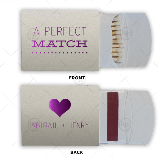 Perfect Match Heart Match | Our custom Natural Gray Pillow Matchbox with Shiny Amethyst Foil Color has a Heart Solid graphic and is good for use in Hearts themed parties and will give your party the personalized touch every host desires.