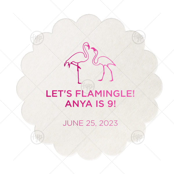 Let's Flamingle Coaster | Our custom Eggshell Scallop Coaster with Shiny Fuchsia Foil has a Flamingos graphic and is good for use in Animals, Beach/Nautical themed parties and will give your party the personalized touch every host desires.