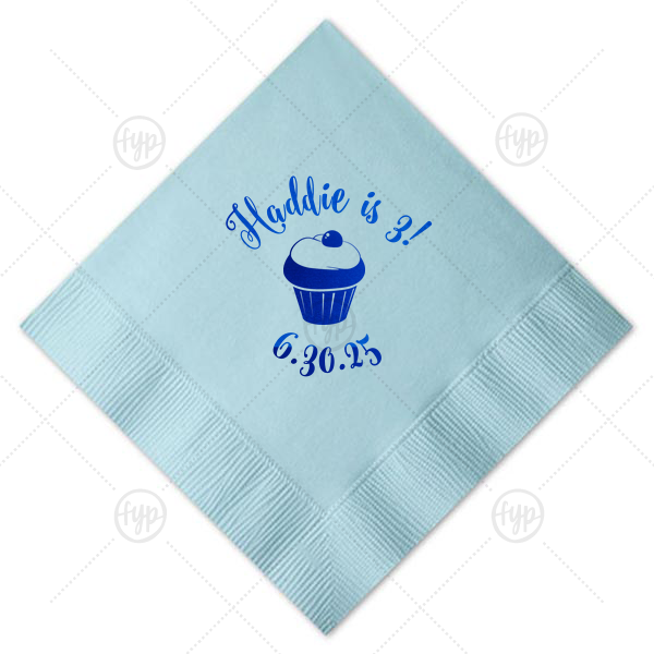 Cupcake Birthday Napkin | Our beautiful custom Tiffany Blue Cocktail Napkin with Shiny Amethyst Foil Color has a Kid Cupcake graphic and is good for use in Kid Birthday, Food, Birthday themed parties and will make your guests swoon. Personalize your party's theme today.