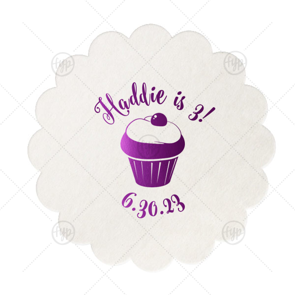 Birthday Cupcake Coaster | Custom Eggshell Scallop Coaster with Shiny Amethyst Foil Color has a Kid Cupcake graphic and is good for use in Kid Birthday, Food, Birthday themed parties and can be personalized to match your party's exact theme and tempo.