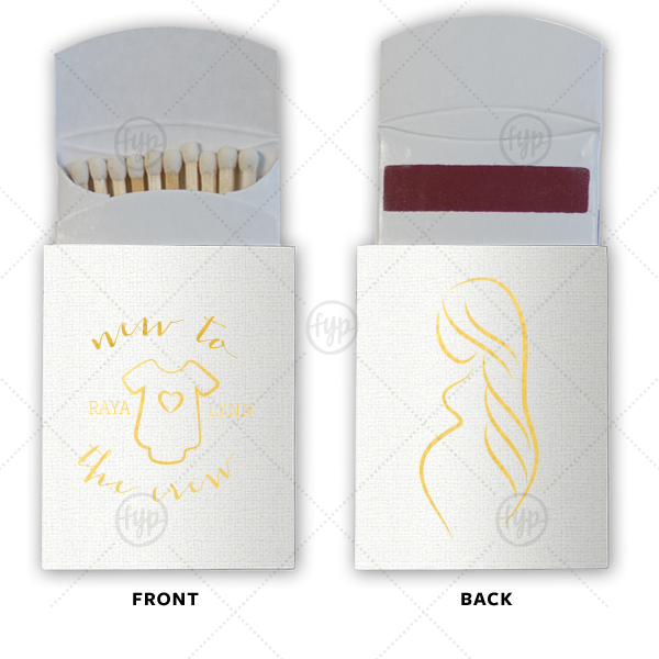 New to the Crew Match | Our custom Linen White Pillow Matchbox with Shiny 18 Kt Gold Foil Color has a Onesie graphic and a Mom To Be graphic and is good for use in Baby Shower themed parties and will add that special attention to detail that cannot be overlooked.