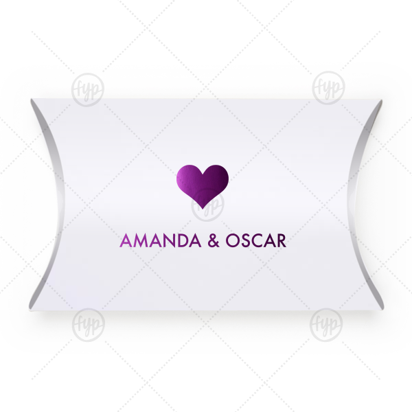 Solid Heart Box | Our personalized Natural White Pillow Box with Shiny Amethyst Foil has a Heart Solid graphic and is good for use in Love, Wedding themed parties and can't be beat. Showcase your style in every detail of your party's theme!