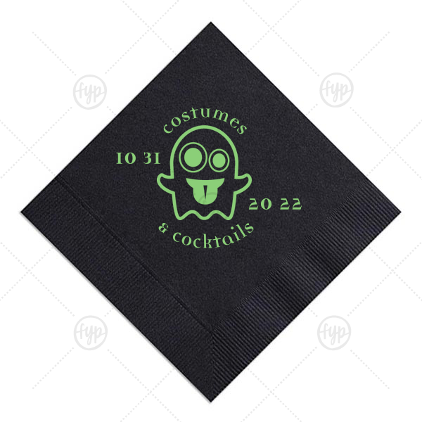 Costumes and Cocktails Napkin | Customize this funky ghost for a fun detail at your Halloween party. Stick with the Black napkin and Matte Key Lime, or choose colors to match your theme. Add the date of your party for a personal touch your guests will love.