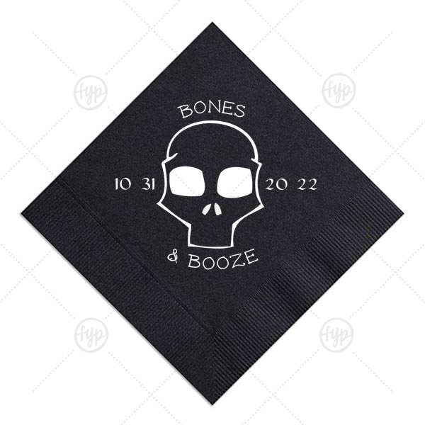 Bones and Booze Napkin | Customize this spooky skull for a fun detail on your bar. Stick with the Black napkin and Matte White for a traditional Halloween look, or choose colors to match your theme. Add the date of your party for a personal touch your guests will love.