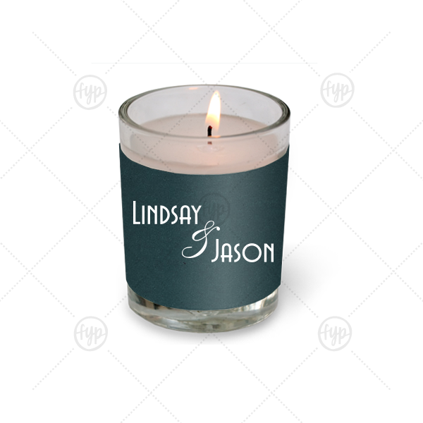 Elegant Ampersand Votive Candle | Our custom Natural Royal/Lt. Navy Votive Candle with Satin Sterling Silver Foil will look fabulous with your unique touch. Your guests will agree!