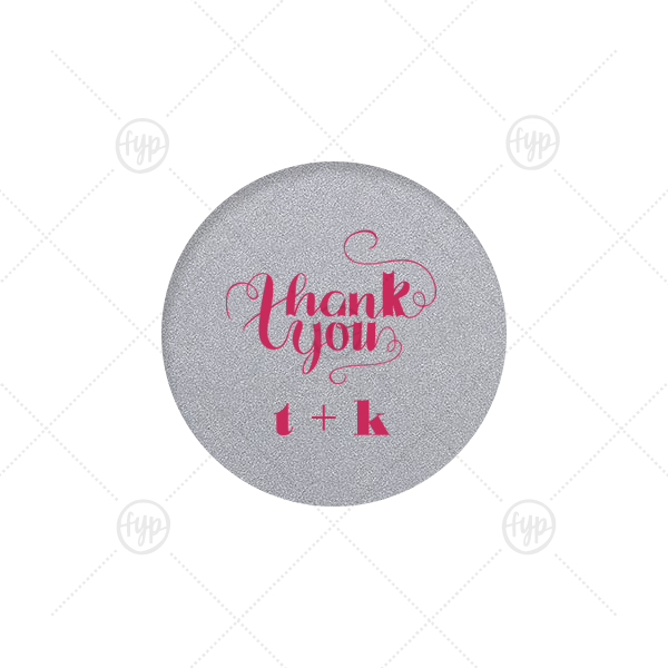 Thank You Label | Our custom Stardream White Round Label with Matte Amethyst Ink Color has a Thank You graphic and is good for use in Words themed parties and can be personalized to match your party's exact theme and tempo.