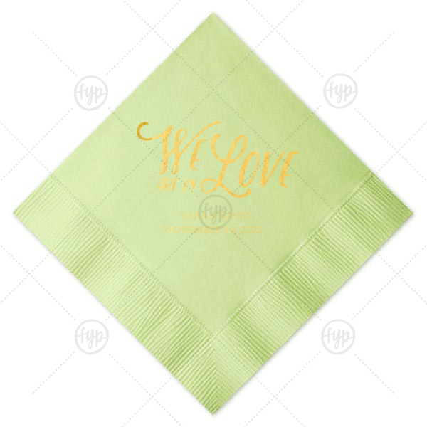 Pear Branch Napkin | ForYourParty's chic Honeydew Cocktail Napkin with Shiny 18 Kt Gold Imprint Foil Color has a Pear Branch graphic that is lovely for fall weddings and rustic or greenery themed parties. Add your names and date for that special attention to detail that cannot be overlooked.