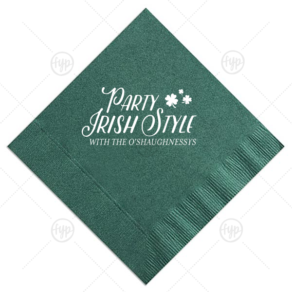 Preppy Patrick's Napkin | Our personalized Leaf Cocktail Napkin with Shiny 18 Kt Gold Foil has a Clovers graphic and is good for use in St. Patricks Day, Holiday themed parties and will give your party the personalized touch every host desires.
