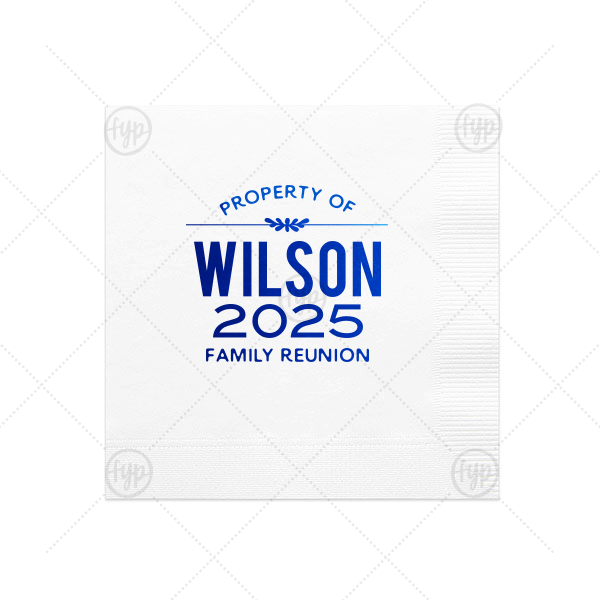 Property Of Napkin | ForYourParty's simple White Cocktail Napkin with Shiny Royal Blue Foil has a Branch and is good for use at Reunion parties and can be customized to complement every last detail of your party.