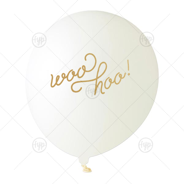 Our beautiful custom White Designer Balloon with Satin Gold Ink Color has a Woohoo graphic and is good for use in Words themed parties and can be personalized to match your party's exact theme and tempo.