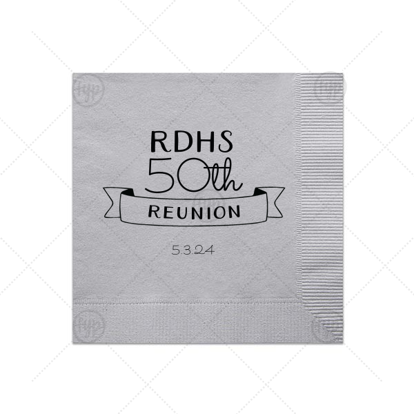 Reunion Banner Napkin | Our custom Dove Gray Cocktail Napkin with Matte Black Foil Color has a Banner 3 graphic and is good for use in Accents, Frames themed parties and can be customized to complement every last detail of your party.