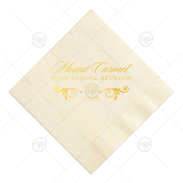 Class Of Flourish Napkin | ForYourParty's chic Ivory Cocktail Napkin with Satin 18 Kt. Gold Foil Color has a Decorative Flourish graphic and is good for use at High School Reunions and are a must-have for your next event—whatever the celebration!
