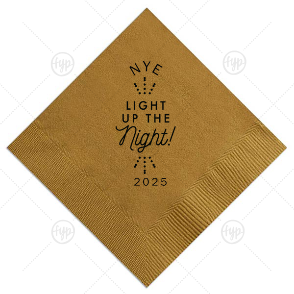 Light Up the Night NYE Napkin | Our custom Mustard Gold Cocktail Napkin with Matte Black Foil Color has a Light the Night graphic and is good for use in Wedding themed parties and will give your party the personalized touch every host desires.