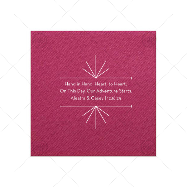 Industrial Mod Wedding Napkin | Personalized Eggplant Cocktail Napkin with Satin Sterling Silver Foil Color has a Line Frame graphic and is good for use in Industrial Mod themed parties and can be personalized to match your party's exact theme and tempo.
