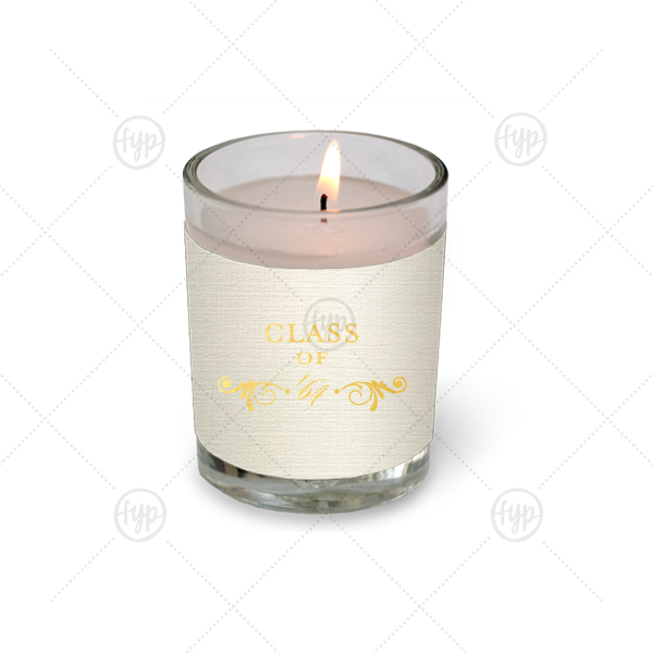 Class Of Flourish Votive Candle | ForYourParty's elegant Linen Ivory Votive Candle with Shiny 18 Kt Gold Foil Color has a Decorative Flourish graphic and is good for use in Accents themed parties and will give your party the personalized touch every host desires.