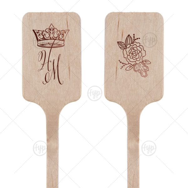 Royal Couple Stir Stick | ForYourParty's personalized Shiny Merlot Rectangle Stir Stick with Shiny Merlot Foil has a Crown graphic and a Peony Accent graphic and is good for use in Royal, Formal and Wedding parties and are a must-have for your next event—whatever the celebration!