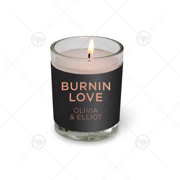 Burnin Love Votive Candle | ForYourParty's personalized Natural Black Votive Candle with Shiny Rose Gold Foil Color can be personalized to match your party's exact theme and tempo.