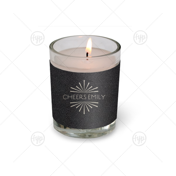 Cheers Burst Votive Candle | ForYourParty's personalized Stardream Black Votive Candle with Shiny Sterling Silver Foil Color has a starburst frame graphic and is good for use in Lovely Press, Frames themed parties and will give your party the personalized touch every host desires.