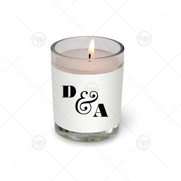 Initials Votive Candle | The ever-popular Linen White Votive Candle with Matte Black Foil Color will make your guests swoon. Personalize your party's theme today.
