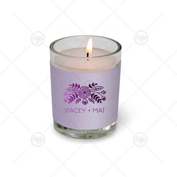 Floral Names Votive Candle | ForYourParty's chic Poptone Lavender Votive Candle with Shiny Amethyst Foil Color has a Rustic Floral Accent graphic and is good for use in Accents, Wedding, Anniversary themed parties and will look fabulous with your unique touch. Your guests will agree!