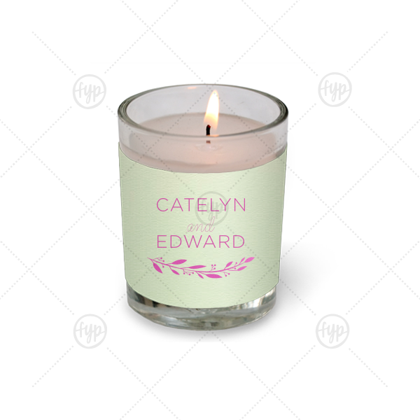 Branch Names Votive Candle | Our custom Poptone Mint Votive Candle with Satin Fuchsia Foil Color has a Branch 4 graphic and is good for use in Floral, Frames themed parties and can't be beat. Showcase your style in every detail of your party's theme!